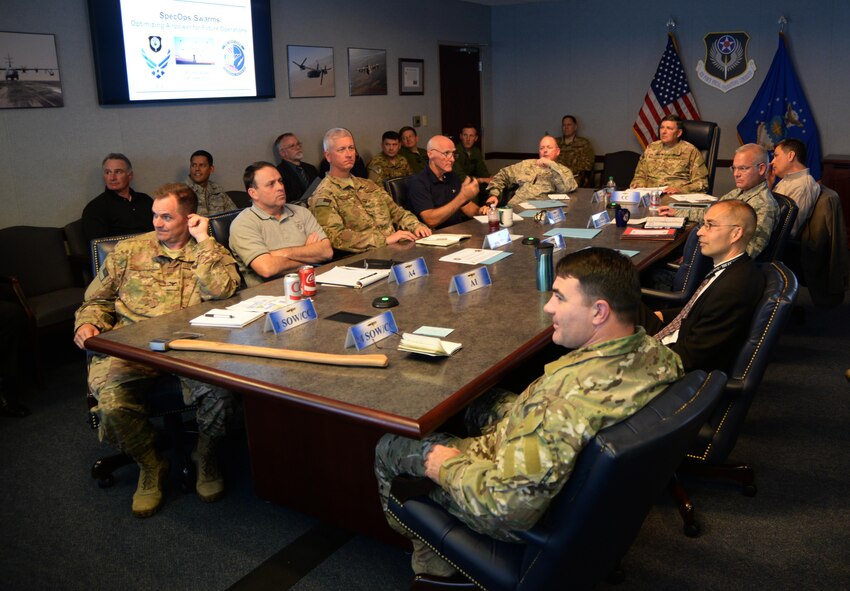 Members of Air Force Special Operations Command listen to a presentation during the 2025 Strategic Initiative Competition at Hurlburt Field, Fla., Feb. 29, 2016. The competition aimed to tap into the vast experiences and wisdom of Airmen within the command as 10 finalists presented strategic ideas for the future of AFSOC. (U.S. Air Force photo/Mike Raynor)