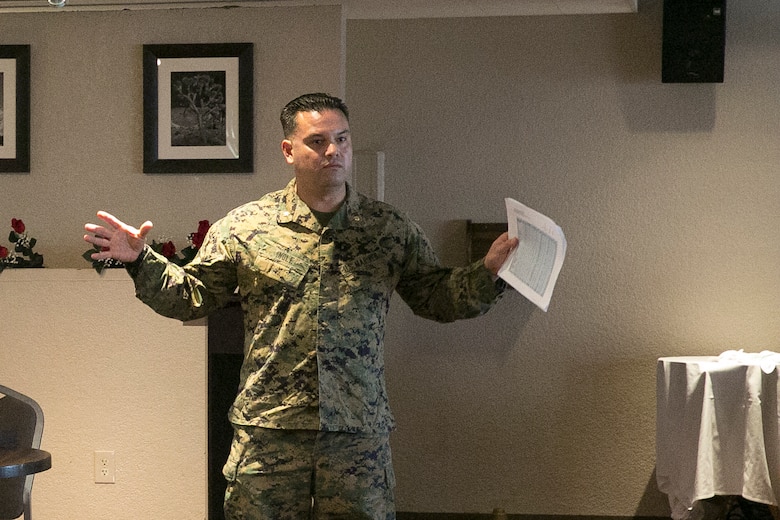 Maj. Steven Ingle, exercise control officer, Marine Corps Logistics and Operations Group, explains the importance of the fund drive during the Active Duty Fund Drive Kickoff Breakfast at the Frontline Restaurant, March 7, 2016. Ingle is the fund drive coordinator for the Combat Center. (Official Marine Corps photo by Cpl. Thomas Mudd/Released)