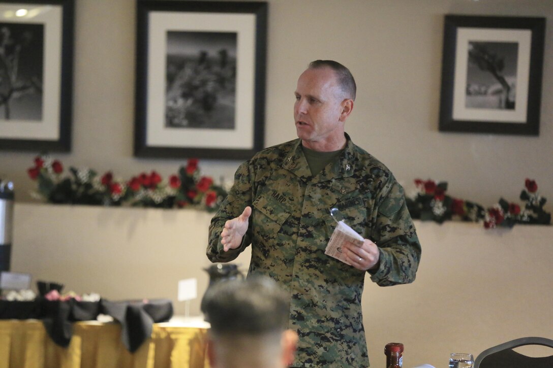 Col. James F. Harp, Combat Center Chief of Staff, explains the importance of the Navy-Marine Corps Relief Society to Combat Center leaders during the Active Duty Fund Drive Kickoff Breakfast at the Frontline Restaurant, March 7, 2016. (Official Marine Corps photo by Cpl. Julio McGraw/Released)