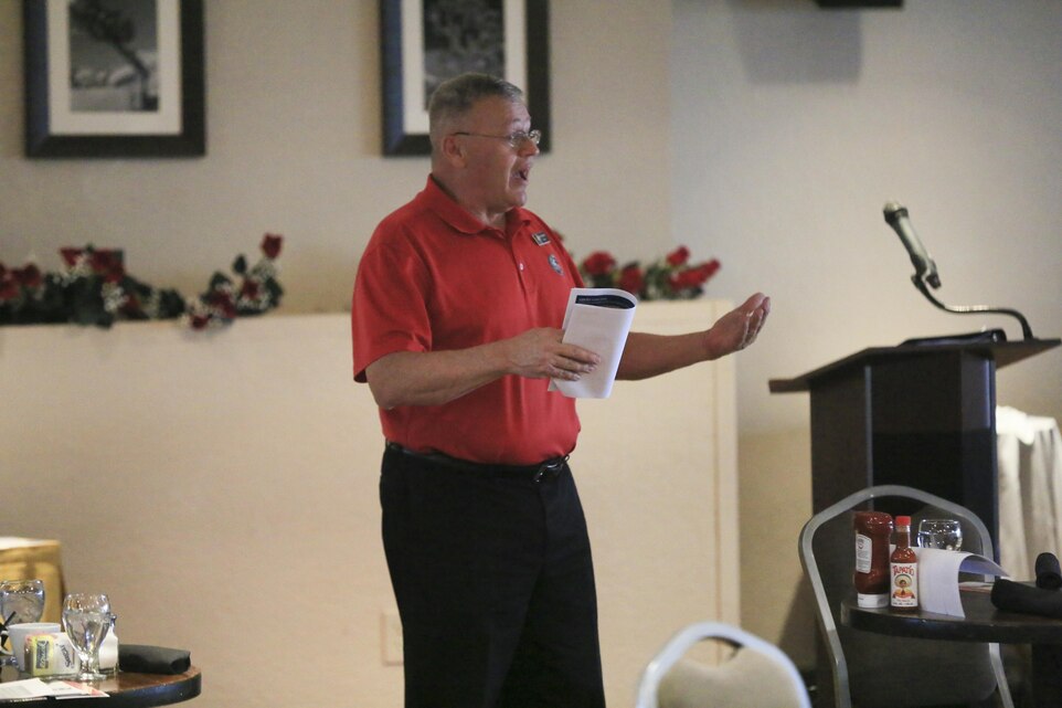 Ray Caldwell, director of the Navy-Marine Corps Relief Society, Twentynine Palms Branch, explains the advantage of the Navy-Marine Corps Relief Society to Combat Center leadership during the Active Duty Fund Drive Kickoff Breakfast at the Frontline Restaurant, March 7, 2016. (Official Marine Corps photo by Cpl. Julio McGraw/Released)