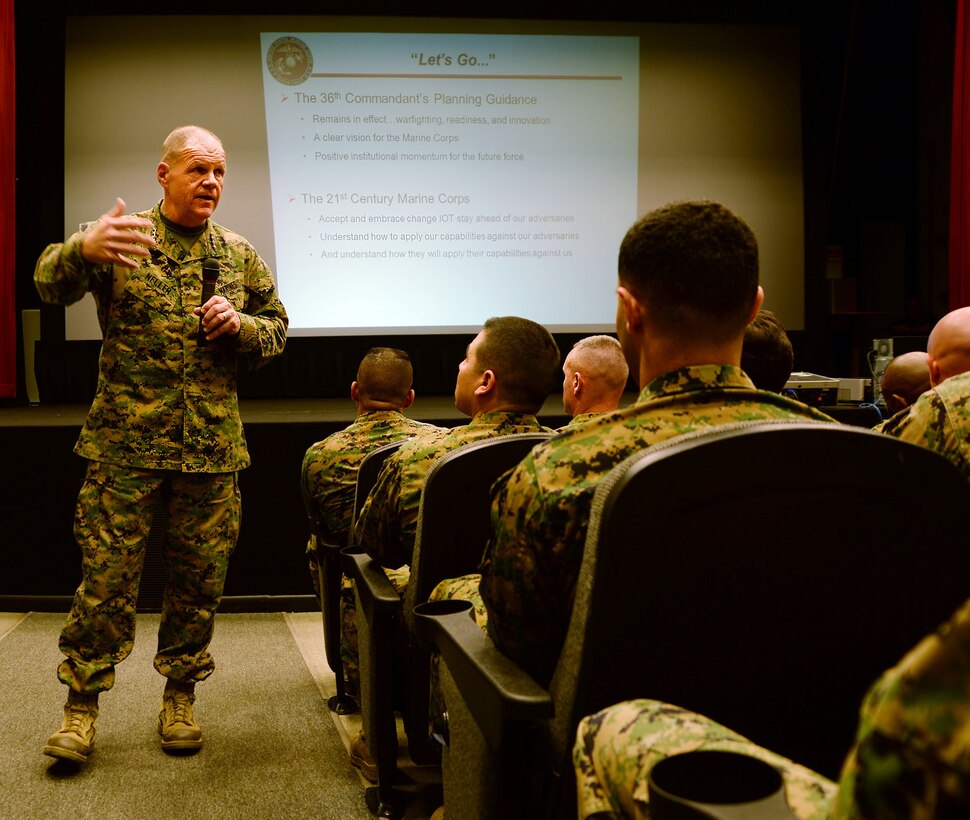 General Robert B. Neller, commandant of the Marine Corps, conducts a town hall meeting during his first official visit to Marine Corps Logistics Base Albany, March 9.  