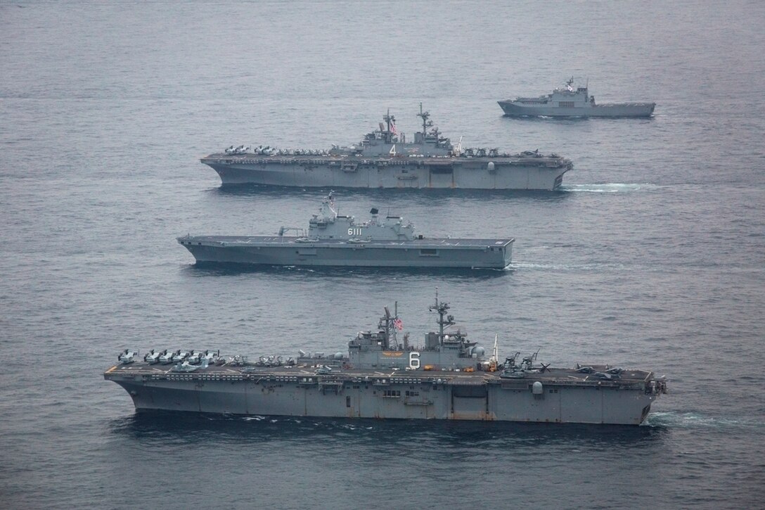 U.S. ships from the Boxer and Bonhomme Richard Amphibious Ready Groups sail with the Dokdo Amphibious Ready Group from the Republic of Korea during Ssang Yong 2016, at sea, March 8, 2016. The U.S. Navy and Marine Corps team are committed to the ROK-U.S. Alliance and conduct exercises regularly to ensure interoperability and maintain strong working relationships to support the sovereignty of the ROK.  Ssang Yong familiarizes American armed forces with the Korean Peninsula and builds upon the strong preexisting relationship between the two militaries. (U.S. Marine Corps photo by Cpl. Darien J. Bjorndal, 31st Marine Expeditionary Unit/ Released)