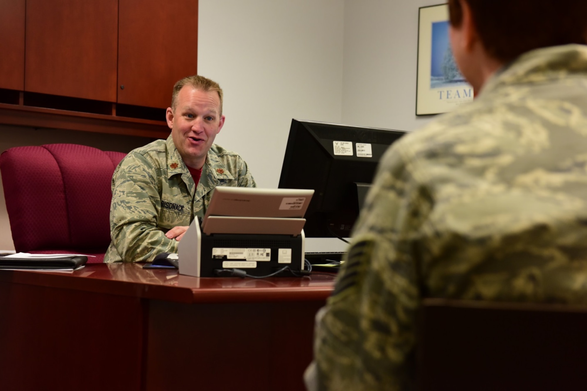 Maj Christopher Bisdnack, 944th Fighter Wing Inspector General discusses goals and programs for the office.  Having served in the wing for 20 years as both an enlisted member and an officer this job is a natural fit for him. (U.S. Air Force photo by Staff Sgt. Lausanne Kinder)
