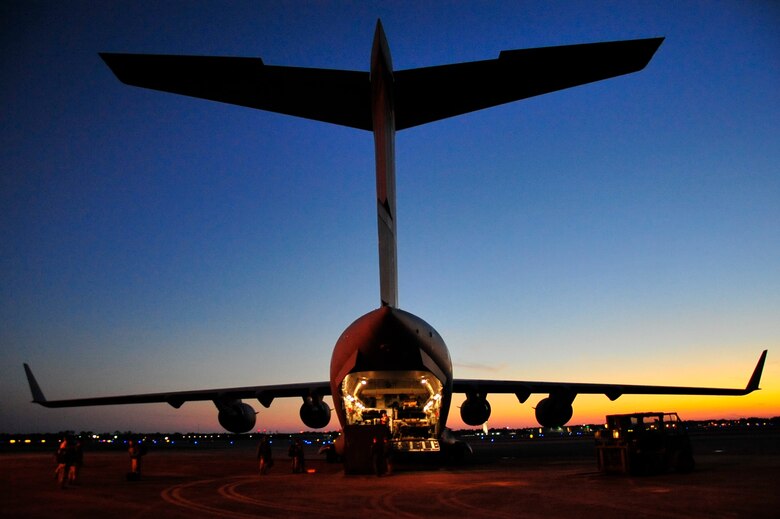 A C-17 Globemaster III sits on the Combat Readiness Training Center runway in Gulfport, Miss., March 5, 2016. The 305th Air Mobility Wing, 514th AMW, 621st Contingency Response Wing and 87th Air Base Wing are in Gulfport for Operational Readiness Exercise 03-16, the first time the wings have come together for an ORE. (U.S. Air Force photo/Senior Airman Lauren Pitts)
