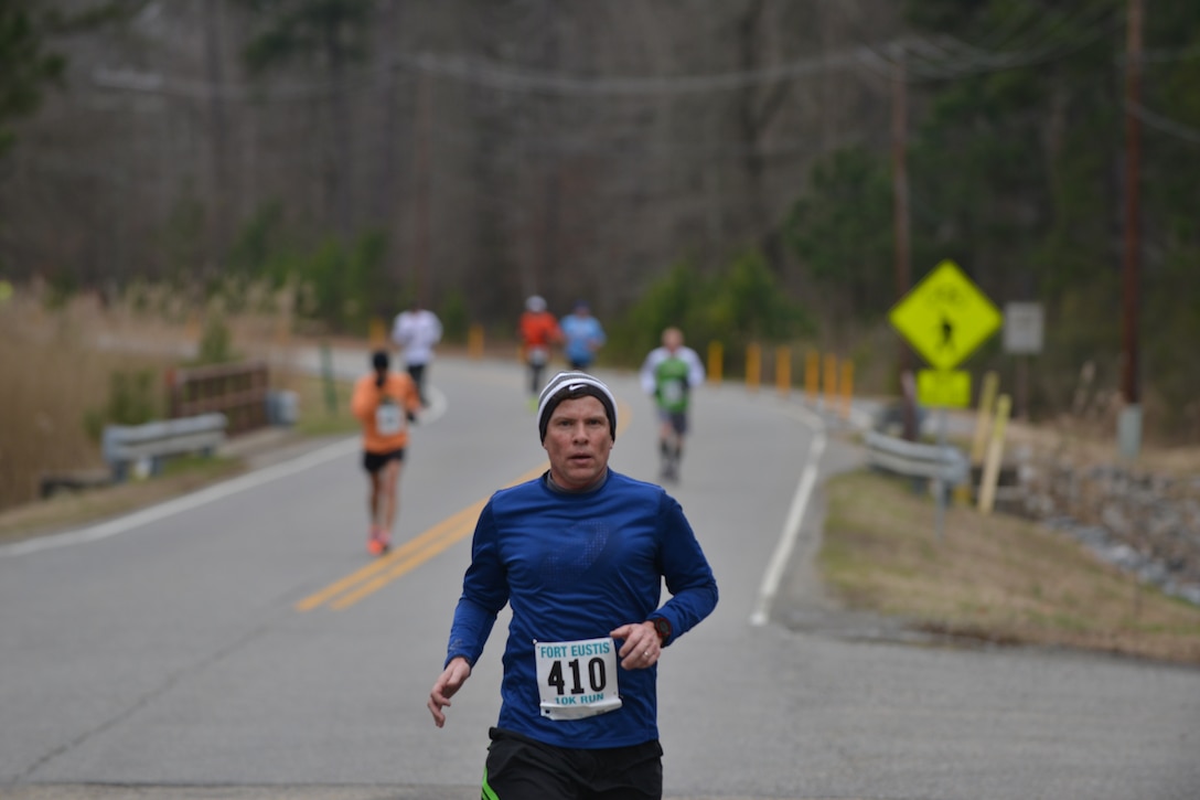 The 18th Annual Fort Eustis 10K Run participants race to place in the event at Fort Eustis, Va., March 5, 2016. Fort Eustis partnered with the Peninsula Track Club to host the community event, which is the grand prix run that kicks off the club’s competitive running season. (U.S. Air Force photo by Staff Sgt. Natasha Stannard)
