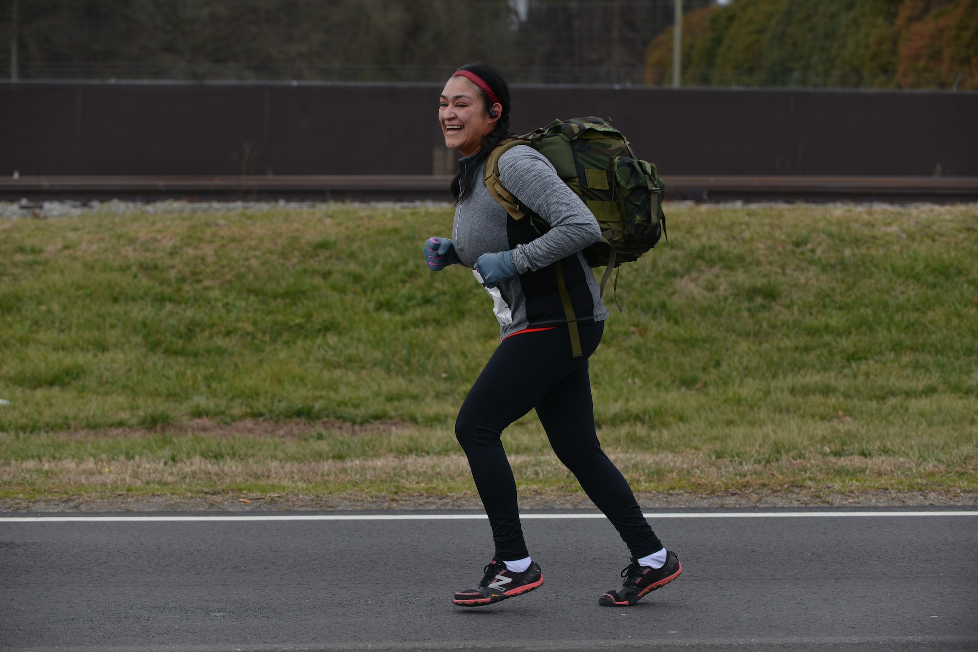Jessica McGaugher participates in a 5K ruck march challenge at Fort Eustis, Va., March 5, 2016. This was the first year Fort Eustis incorporated a ruck march with the run as an effort to introduce different fitness practices to the community. (U.S. Air Force photo by Staff Sgt. Natasha Stannard)