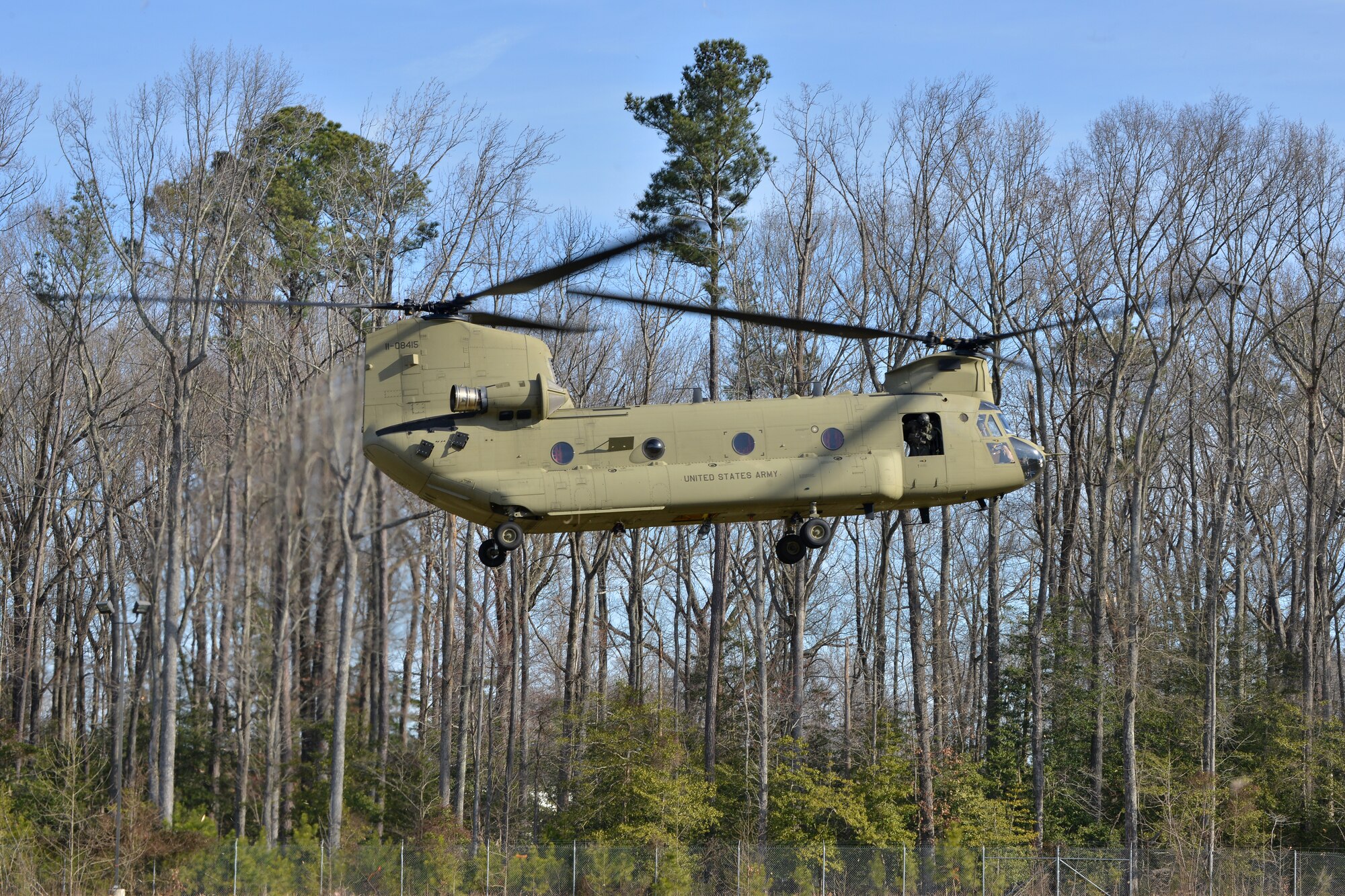 A CH-47 Chinook helicopter lands in support of a casualty evacuation exercise at Fort Eustis, Va., March 3, 2016. The 159th Aviation Regiment, 5th Battalion Chinook crew supported the 558th Transportation Company by providing evacuation transport. (U.S. Air Force photo by Staff Sgt. Natasha Stannard)