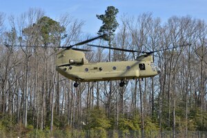 A CH-47 Chinook helicopter lands in support of a casualty evacuation exercise at Fort Eustis, Va., March 3, 2016. The 159th Aviation Regiment, 5th Battalion Chinook crew supported the 558th Transportation Company by providing evacuation transport. (U.S. Air Force photo by Staff Sgt. Natasha Stannard)