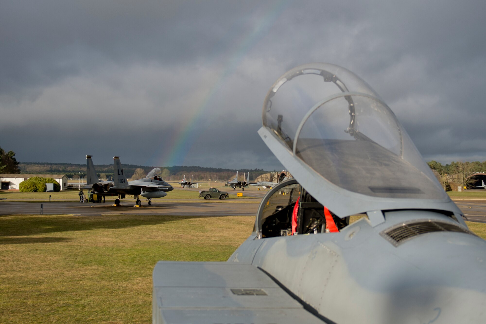 F-15C Eagles from the 493rd Fighter Squadron rest between sorties at Royal Air Force Lakenheath, March 7, 2016. The 493rd FS is a combat-ready F-15C squadron capable of executing air superiority and air defense missions in support of war plans and contingency operations for U.S. Air Forces in Europe-Air Forces Africa, U.S. European Command and NATO. (U.S. Air Force photo/Airman 1st Class Erin R. Babis)