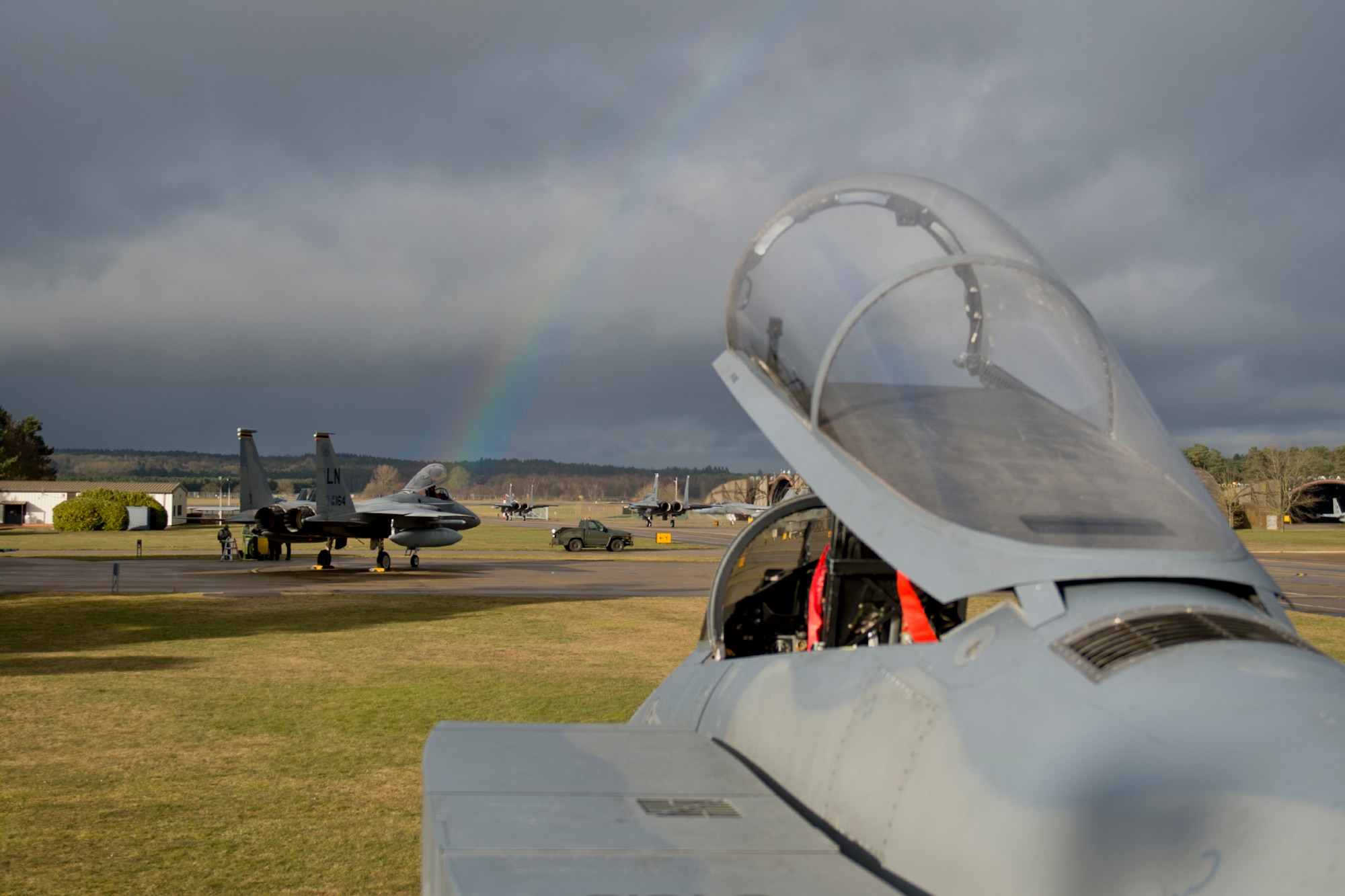 F-15C Eagles from the 493rd Fighter Squadron rest between sorties at Royal Air Force Lakenheath, March 7, 2016. The 493rd FS is a combat-ready F-15C squadron capable of executing air superiority and air defense missions in support of war plans and contingency operations for U.S. Air Forces in Europe-Air Forces Africa, U.S. European Command and NATO. (U.S. Air Force photo/Airman 1st Class Erin R. Babis)