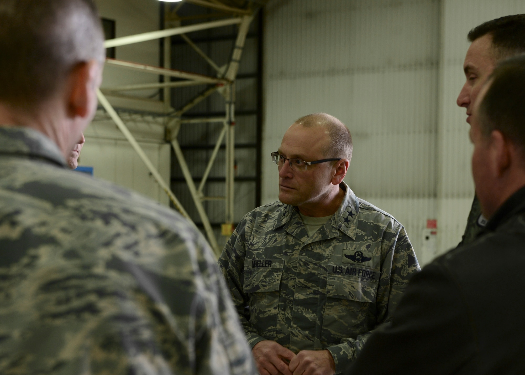 Maj. Gen. Andrew Mueller, Air Force Chief of Safety, speaks with commanders from the 48th Fighter Wing at Royal Air Force Lakenheath, England, March 7, 2016. During his visit with Liberty Wing leadership, they discussed the development, execution and evaluation of Air Force aviation, ground, weapons, space and system mishap prevention and nuclear surety programs. (U.S. Air Force photo by Senior Airman Dawn M. Weber/Released)