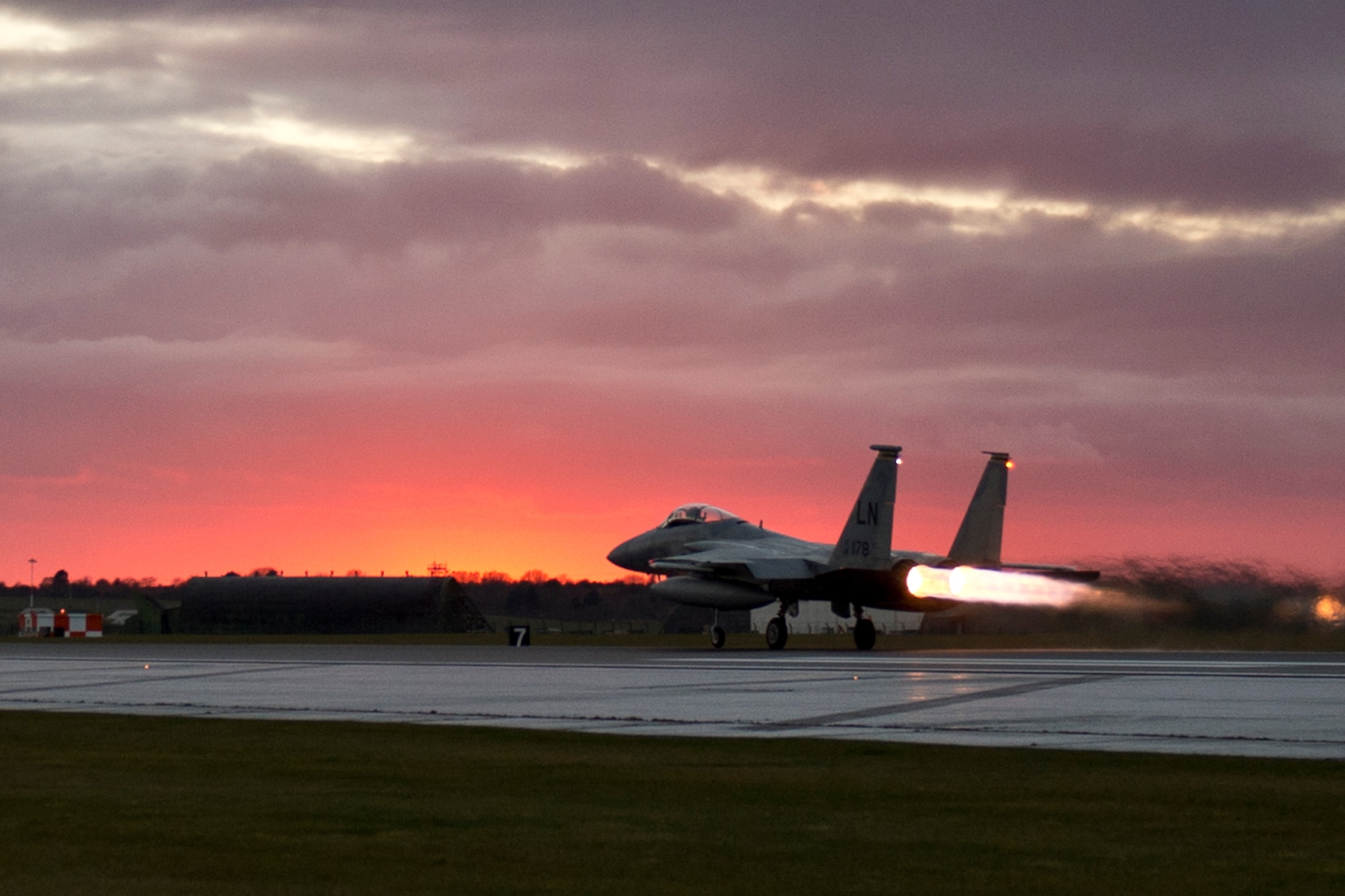 A 493rd Fighter Squadron pilot takes off in an F-15C Eagle at Royal Air Force Lakenheath, March 7, 2016. As an air-to-air fighter aircraft, the F-15C specializes in gaining and maintaining air superiority. (U.S. Air Force photo/Airman 1st Class Erin R. Babis)