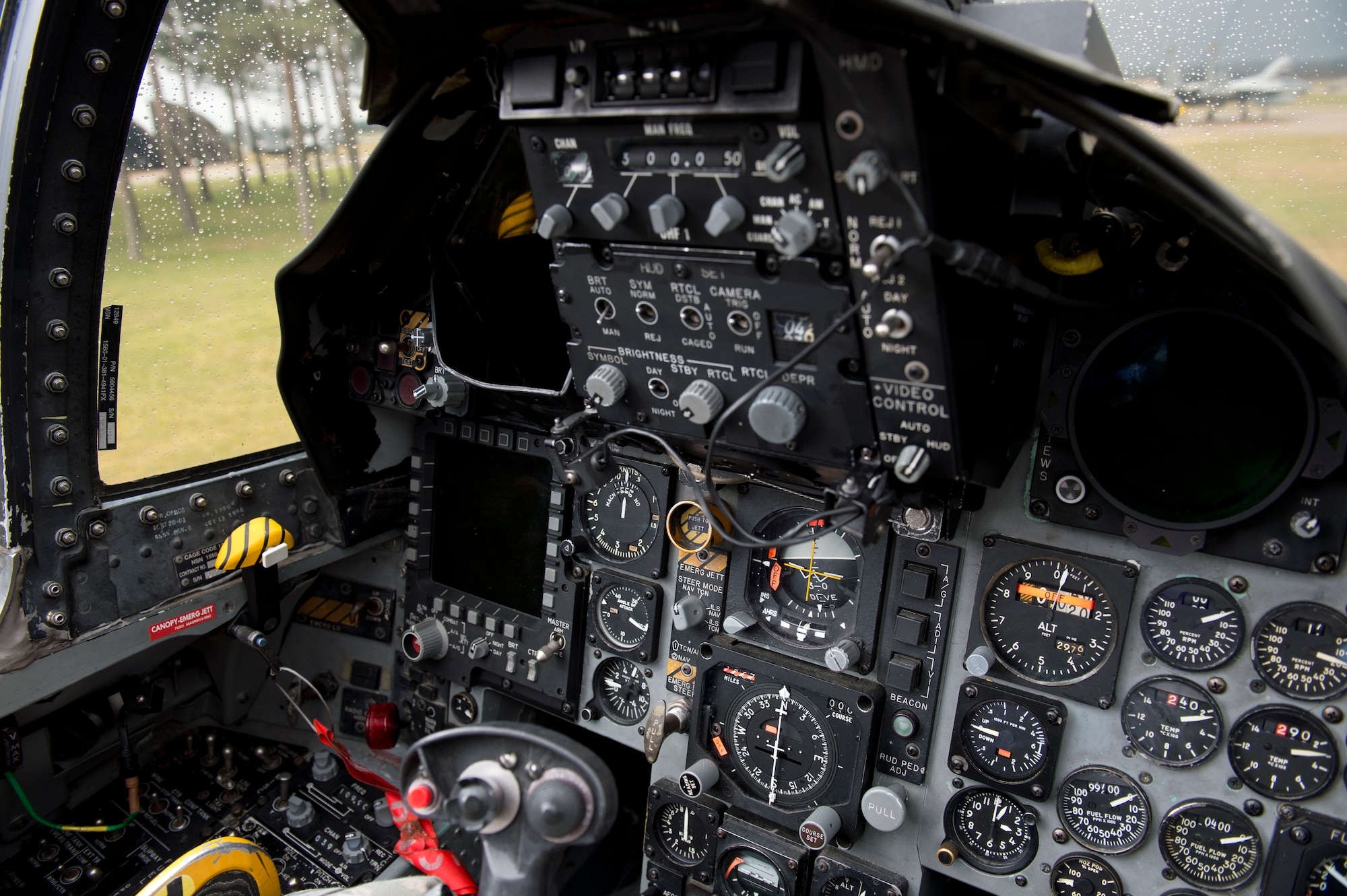 A view of the cockpit of an F-15C Eagle from the 493rd Fighter Squadron as it rests on the runway between sorties at Royal Air Force Lakenheath, March 7, 2016. The 493rd FS maintains the ability to rapidly generate, deploy, and sustain operations to execute wartime and peacetime taskings in any theater of operations in the world. (U.S. Air Force photo/Airman 1st Class Erin R. Babis)