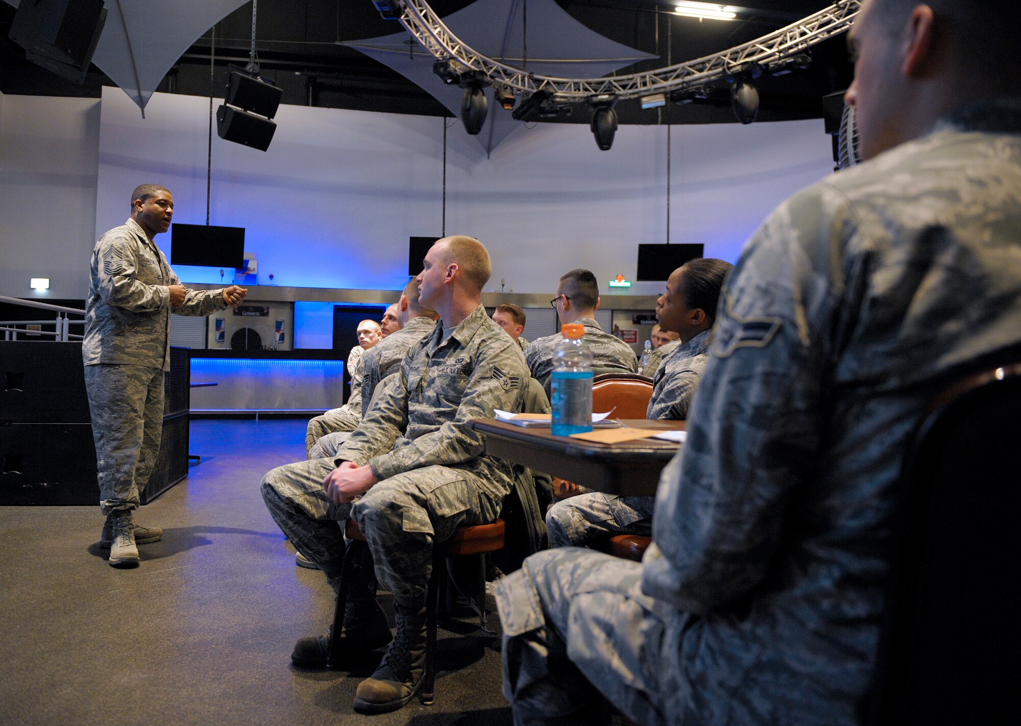 Chief Master Sgt. Phillip L. Easton, 86th Airlift Wing command chief, gives opening remarks at the inaugural Airman Professional Enhancement Seminar March 7, 2016, at Ramstein Air Base, Germany. Approximately 65 Airmen attended the two-day PES designed to enhance their development and professionalism by augmenting the information provided to Airmen in basic military training, technical training schools and through on-the-job training. (U.S. Air Force photo/Staff Sgt. Timothy Moore)