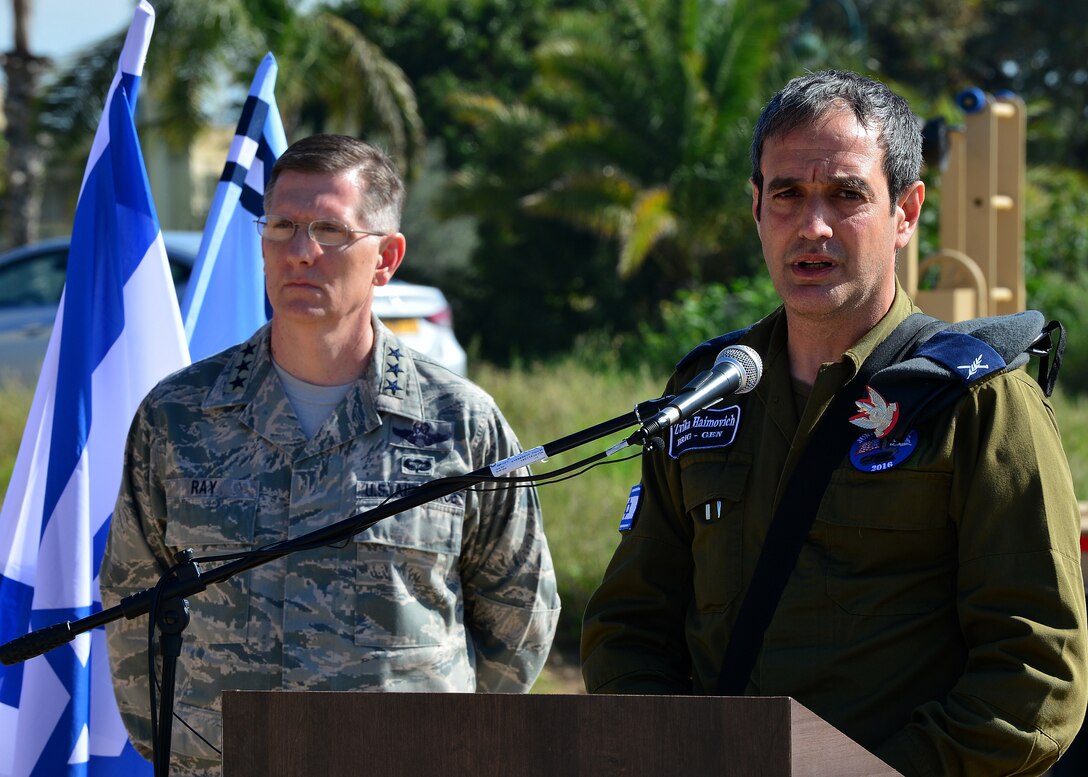 Brig. Gen. Zvika Haimovich, Israeli Aerial of Defense commander, speaks about exercise Juniper Cobra 16 during a joint press conference with Lt. Gen. Timothy Ray, 3rd Air Force and 17th Expeditionary Air Force commander, in Israel, Feb. 25, 2016. Juniper Cobra is a combined ballistic missile defense exercise that will uses computer simulations to train U.S. and Israeli military service members. (U.S. Air Force photo by Staff Sgt. Stephanie Longoria/Released)