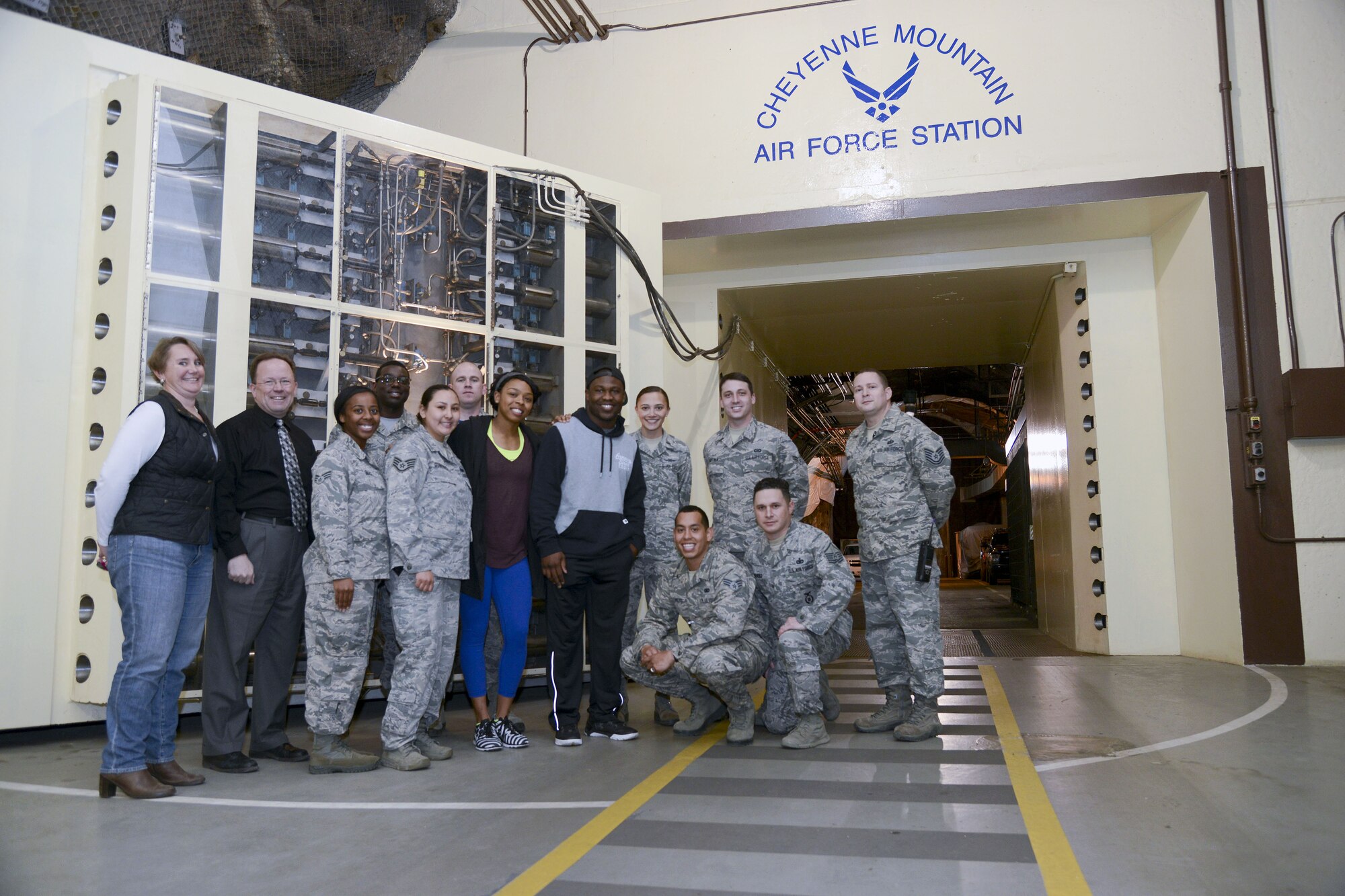 PETERSON AIR FORCE BASE, Colo. – National Football League Baltimore Ravens running back Justin Forsett and his wife Angela visited Cheyenne Mountain Air Force Station on March 4, 2016. The visit and tour is part of the ongoing 50th Anniversary celebration for CMAFS. The installation was declared fully operational April 20, 1966. (U.S. Air Force photo by Tech. Sgt. Jared Marquis)