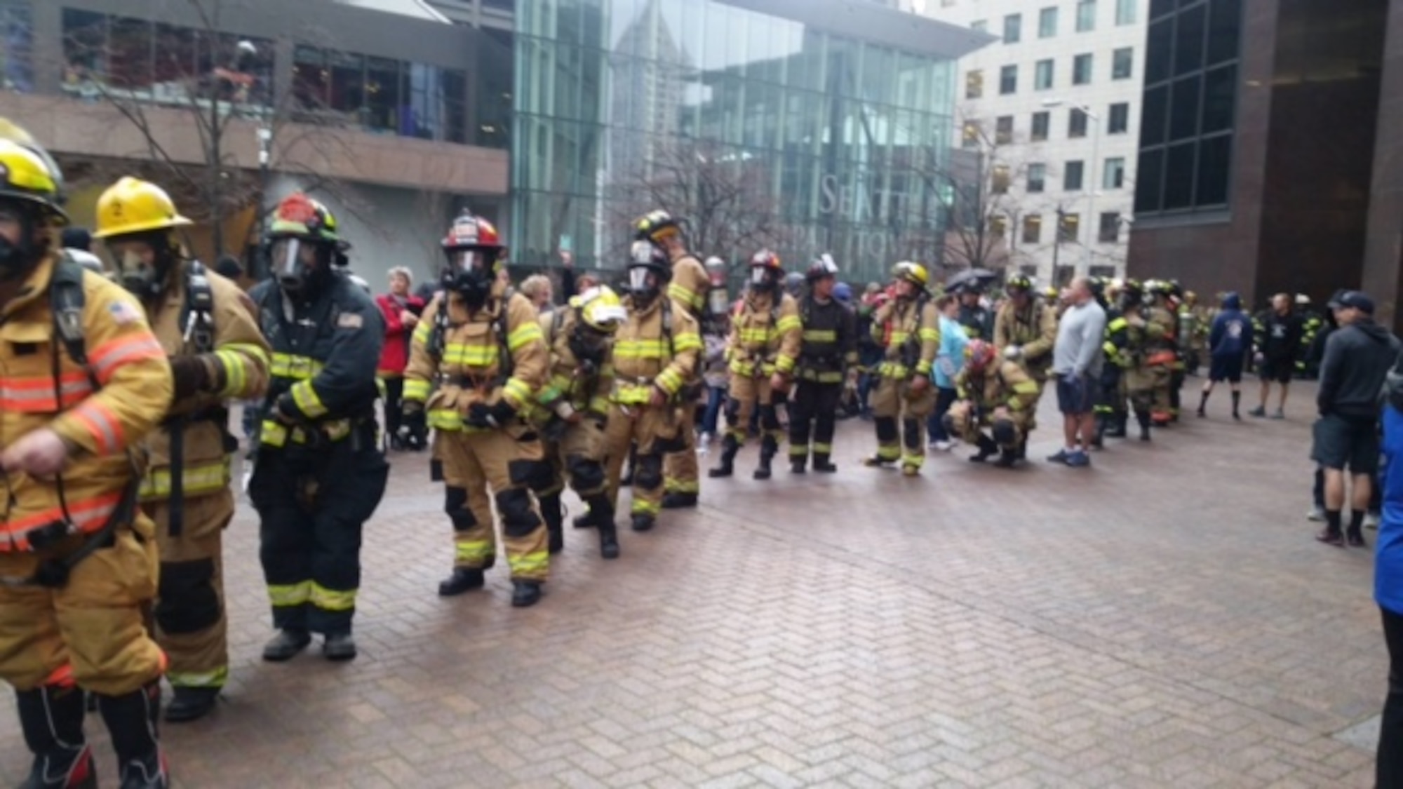 Firefighters from all over the world line up to compete in the Scott Firefighter Stair Climb challenge hosted at the Columbia Center in downtown Seattle Feb. 28, 2015. During the challenge, firefighters had to climb 788 vertical feet to the top of the Columbia Center making up 69 floors of stairs in more than 70 pounds of full firefighting gear to complete the competition. (Courtesy photo) 