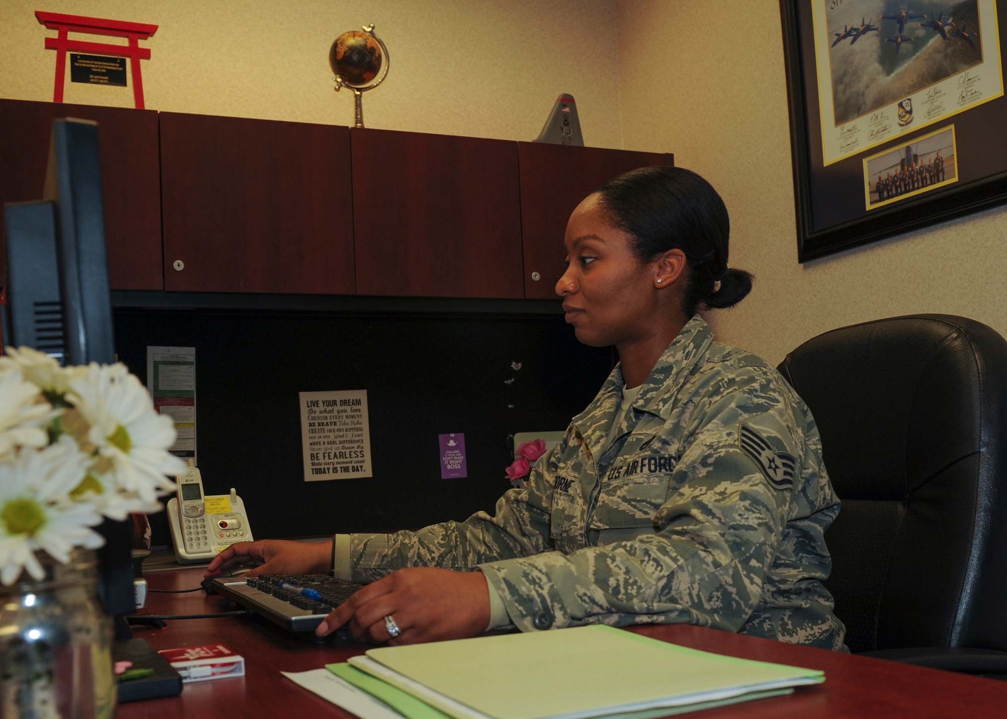 Staff Sgt. Laketa Kinghorne, 314th Aircraft Maintenance Squadron commander’s support staff noncommissioned officer in charge, is responsible for managing and tracking evaluations for over 400 maintainers within her unit. (U.S. Air Force photo/Senior Airman Harry Brexel)