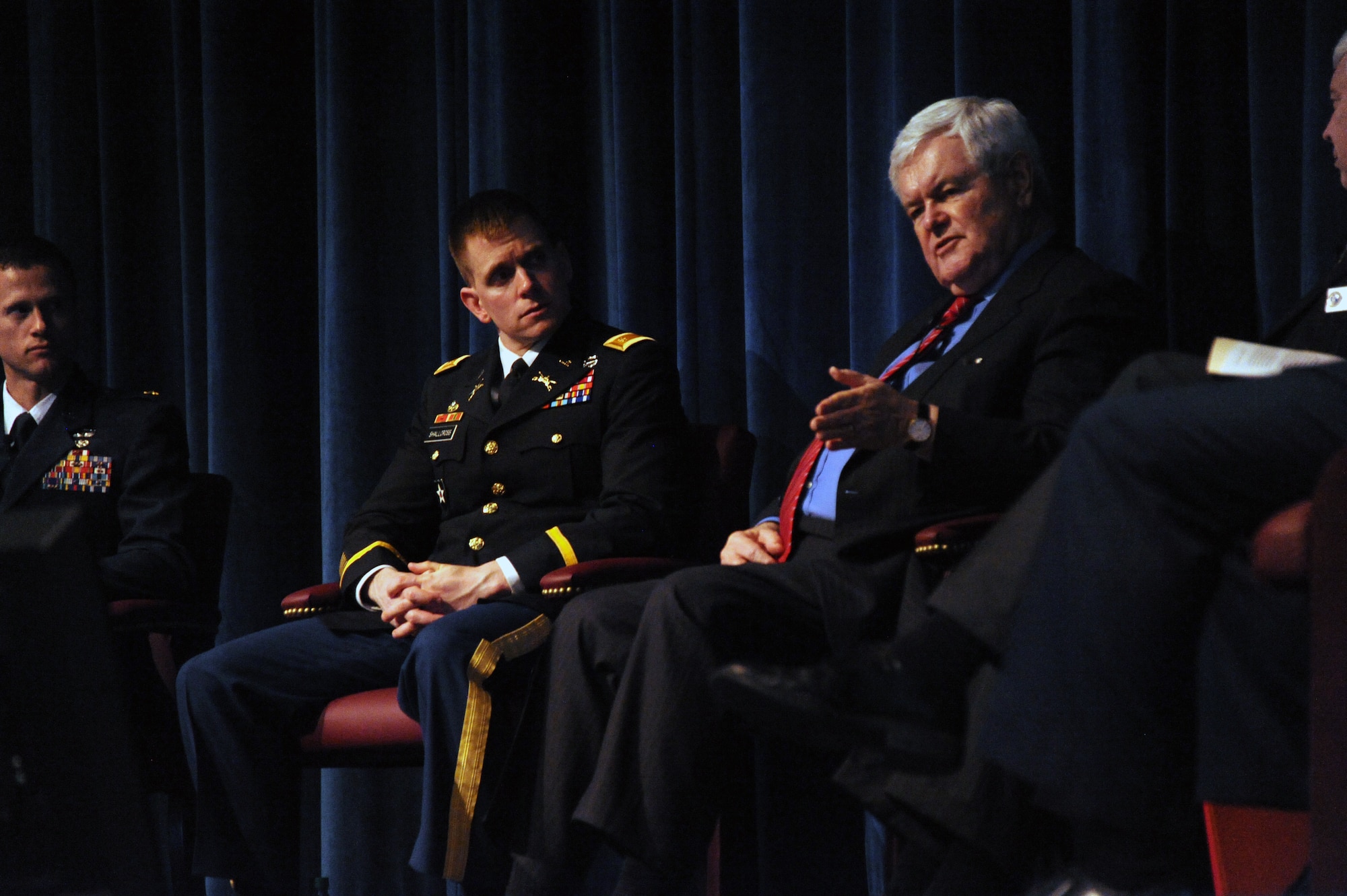 While at Maxwell March 8, the Honorable Newt Gingrich participated in a panel discussion with Air University and Air Force Institute of Technology students and faculty. Research topics presented included cyber, nuclear deterrence and advanced statistical techniques to examine patterns of armed conflict. The event was used to showcase the intellectual capability and talent at AU and AFIT and to generate a discussion to spur thinking about national security objectives. Presenting were Col. William Young and Maj. Sam Kidd (AU-cyber), Army Maj. Nicholas Shallcross (AFIT-statistical techniques) and Dr. David Palkki and Maj. Allen Cohen (AU-deterrence). (U.S. Air Force photo by Senior Airman William Blankenship)