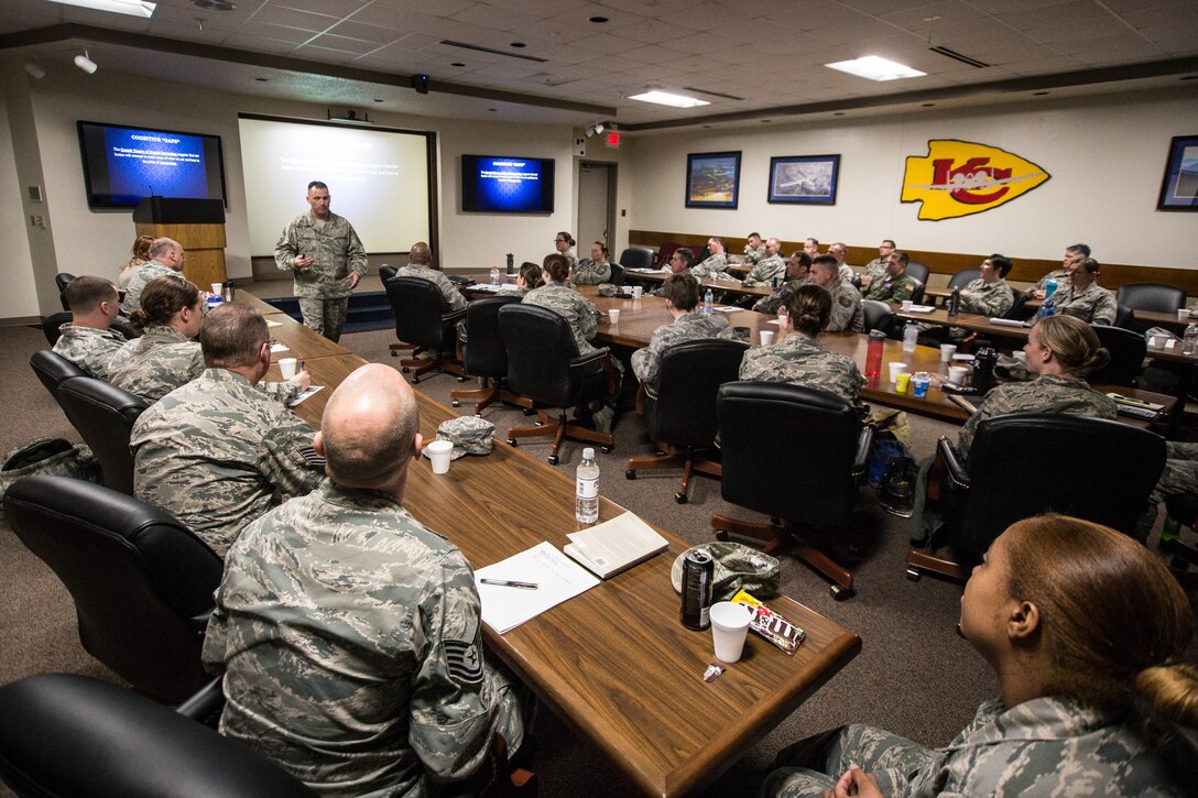 Airmen with the 139th Airlift Wing join others from across the state to attend a Profession of Arms Center of Excellence (PACE) leadership training event at Whiteman Air Force Base, March 5, 2016. The program develops Airmen with a professionalism mindset, character, and core values. (U.S. Air National Guard photo by Senior Airman Patrick P. Evenson/Released)