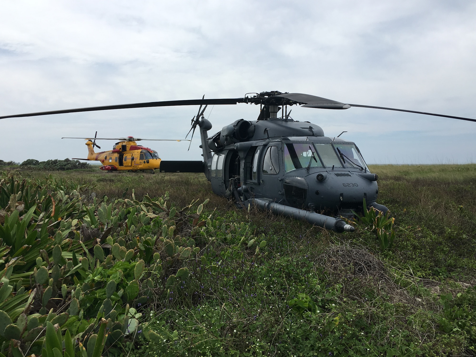 An HH-60 Pave Hawk helicopter and a CH-149 Cormorant helicopter park in the Florida Keys during a U.S.-Canada search-and-rescue exercise March 5, 2016. Rescue Airmen from the 920th Rescue Wing, Patrick Air Force Base, Fla., have been working alongside Canadian search-and-rescue technicians annually for more than a decade. (courtesy photo)