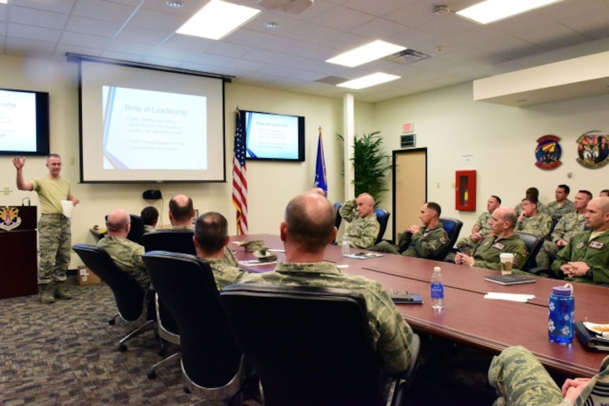 Chaplain (Capt.) Matthew Wilson, 944th Fighter, discusses leadership rolls during Green Dot training March 5. Leadership from the 944th Fighter Wing were the first group to receive the training which focused on an introduction to prevent power-based personal violence across the service. (U.S. Air Force photo by Staff Sgt. Lausanne Kinder)