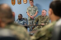 Marine Corps Gen. Joseph F. Dunford Jr., chairman of the Joint Chiefs of Staff, talks with liaison officers from partner nations while visiting Joint Interagency Task Force South in Key West, Fla., March 8, 2016. DoD photo by Navy Petty Officer 2nd Class Dominique A. Pineiro