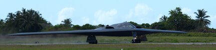 A B-2 Spirit from Whiteman Air Force Base, Mo., lands at an undisclosed location in the U.S. Pacific Command area of operations March 9, 2016. While in the Indo-Asia-Pacific, the B-2s will integrate and conduct training with ally and partner air forces and conduct a radio communications check with a U.S. air operations center. One of nine DoD unified combatant commands, USSTRATCOM has global strategic missions, assigned through the Unified Command Plan, which include strategic deterrence; space operations; cyberspace operations; joint electronic warfare; global strike; missile defense; intelligence, surveillance and reconnaissance; combating weapons of mass destruction; and analysis and targeting. (U.S. Air Force photo by Senior Airman Joel Pfiester/Released)
