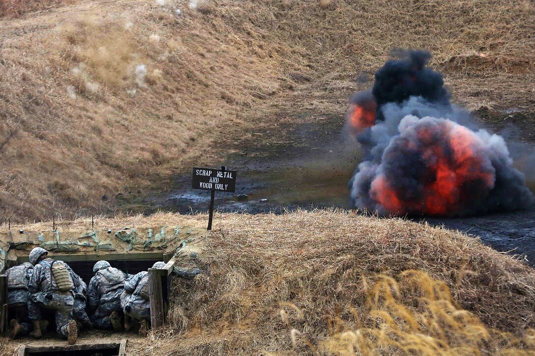 Soldiers detonate M18A1 Claymore mines at California Range, South Korea, March 2, 2016. The soldiers practiced how to set up and use the mines during Operation Pacific Pathways, which strengthens strategic partnerships to support continued regional stability. Army photo by Pfc. Elliott Page