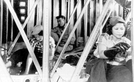 “Kelly Katies” performing de-sealing work in a B-36 Peacemaker fuel tank at Kelly Field, Texas, during the Korean War. Many women returned to work when the war started to support the country’s needs on a national level. (Courtesy photo)