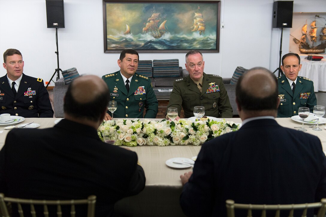Marine Corps Gen. Joseph F. Dunford Jr., center right, chairman of the Joint Chiefs of Staff, attends a meeting with the commander of Colombia's armed forces, Gen. Juan Pablo Rodriguez, in Bogota, Colombia, March 9, 2016. DoD photo by Navy Petty Officer 2nd Class Dominique A. Pineiro
