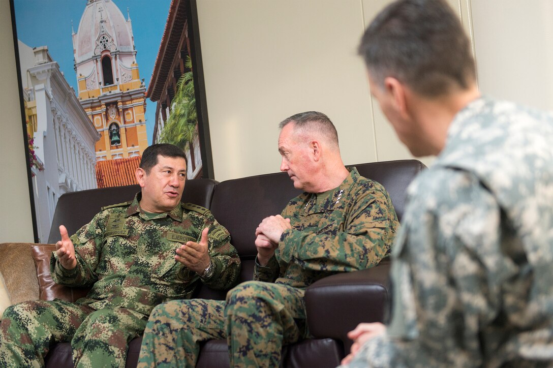 Marine Corps Gen. Joseph F. Dunford Jr., chairman of the Joint Chiefs of Staff, meets with the commander of Colombia's armed forces, Gen. Juan Pablo Rodriguez, in Bogota, Colombia, March 9, 2016. DoD photo by Navy Petty Officer 2nd Class Dominique A. Pineiro