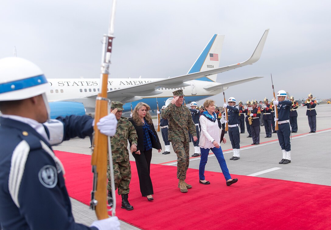 Marine Corps Gen. Joseph F. Dunford Jr., chairman of the Joint Chiefs of Staff, arrives in Bogota, Colombia, March. 9, 2016. Dunford met with senior U.S. and Colombian military and civilian leaders during his first visit to the country as chairman. DoD photo by Navy Petty Officer 2nd Class Dominique A. Pineiro