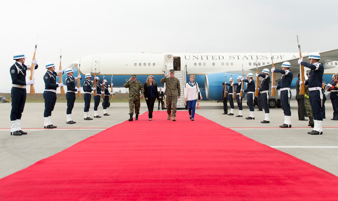Marine Corps Gen. Joseph F. Dunford Jr., chairman of the Joint Chiefs of Staff, arrives in Bogota, Colombia, March 9, 2016. DoD photo by Navy Petty Officer 2nd Class Dominique A. Pineiro