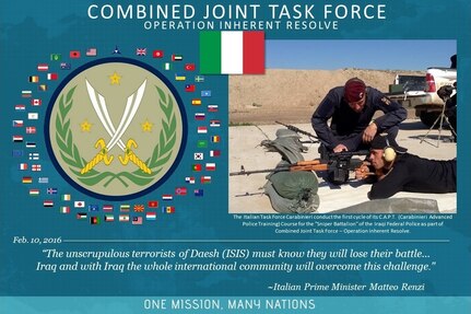 The Italian Task Force Carabinieri recently conducted bomb disposal training, as well as the first Cultural Heritage Protection course for Iraqi Federal Police. In addition, Italian Task Force Carabinieri concluded its first cycle of C.A.P.T. (Carabinieri Advanced Police Training) Course for the “Sniper Battalion” of the Iraqi Federal Police, which led to the final classification and graduation of 48 trained Iraqi police. Italy is part of a ‪#‎Coalition‬ of more than 60 international partners that has united to assist and support the Iraqi Security Forces to degrade and defeat ‪#‎Daesh‬. This unity between Coalition partners has contributed to Iraq’s significant progress in halting Daesh's momentum and in some places reversing it.