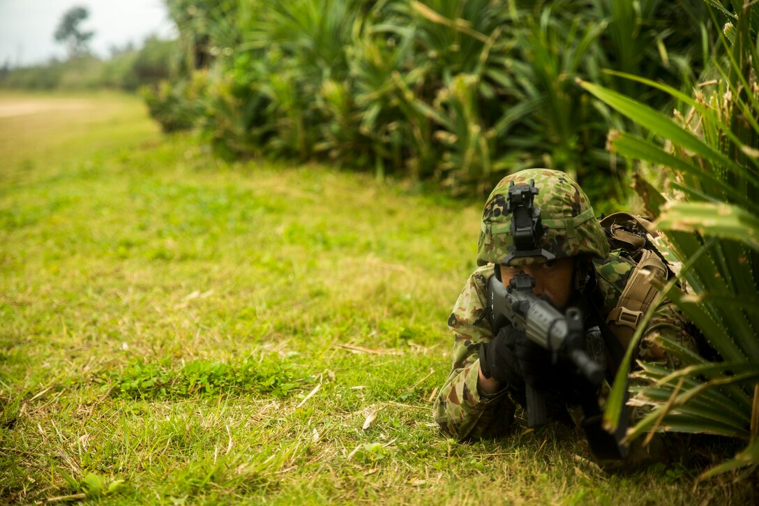 A member with the Japan Ground Self-Defense Force conducts rear security during a jungle patrol Mar. 9, at Kin Blue, Okinawa, Japan. The JGSDF members observed Marines from 3rd Reconnaissance Battalion, 3rd Marine Division, III Marine Expeditionary Force, conducting raid missions, amphibious training and scout swimmer classes. The JGSDF members are with the 43rd Infantry Regiment, 8th Division, Western Army. (U.S. Marine photo by Cpl. Tyler S. Giguere/Released)