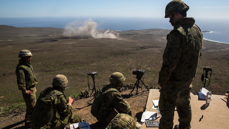 Soldiers with Western Army Infantry Regiment, Japan Ground Self-Defense Force, observe naval gunfire from the USS Spruance during a supporting arms coordination center exercise at San Clemente Island, Feb. 22, 2016, as part of Exercise Iron Fist 2016. SACCEX  serves as a cooperative learning tool for the US-Japan partnership through the operation of supporting arms coordination center, which has developed the USMC and JGSDF’s ability to intergrate naval gunfire, mortars and close-air support  as a combined force.