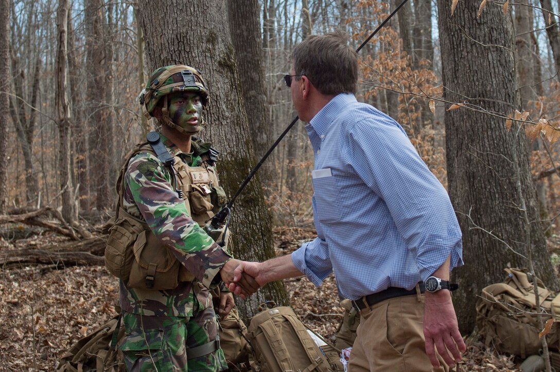 Defense Secretary Ash Carter shakes hands with an Indonesian service member at The Basic School as he observes training on Marine Corps Base Quantico, Va., March 9, 2016. DoD photo by U.S. Air Force Senior Master Sgt. Adrian Cadiz