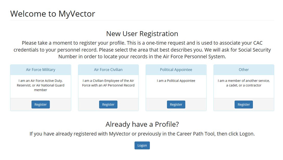 Welcome page of the MyVector program.