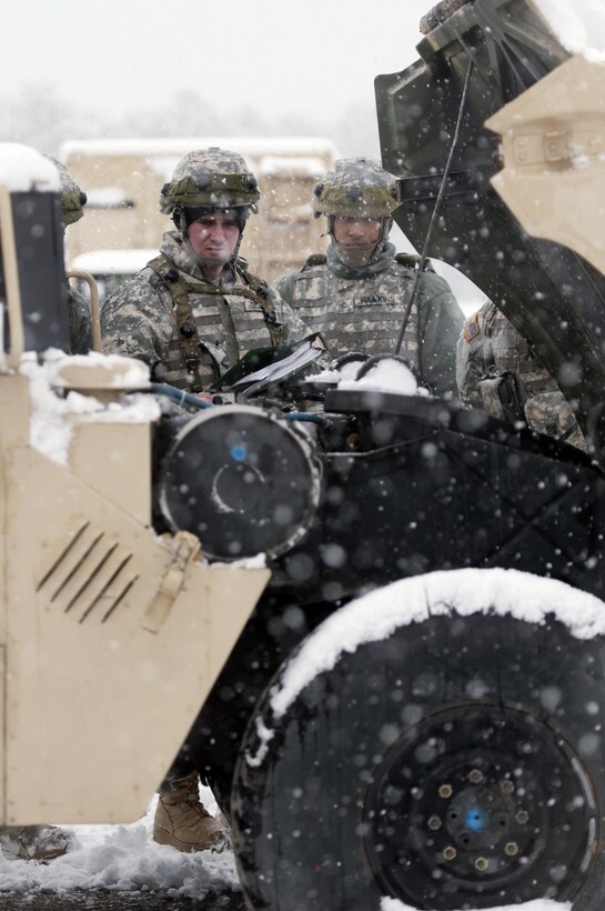 Soldiers with the 301st Regional Support Group, perform preventative maintenance checks on a Humvee during Combat Sustainment Support Exercise 76-16-01 at Joint Base McGuire-Dix-Lakehurst, N.J., March 4, 2016. CSTX 78-16-01 is a U.S. Army Reserve exercise conducted at multiple locations across the country designed to challenge combat support units and Soldiers to improve and sustain the skills necessary during a deployment. (U.S. Army photo by Sgt. Christopher Bigelow/Released)