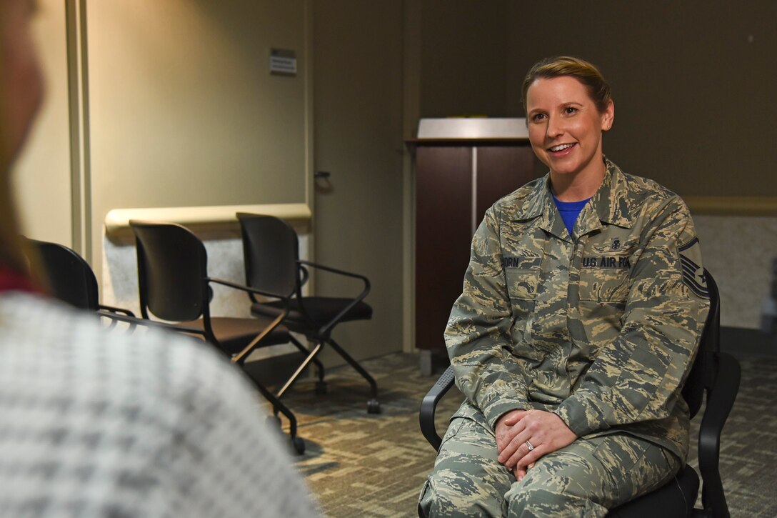 Master Sgt. Stephanie Horn, the health services manager for the 92nd Medical Group, is interviewed at Fairchild Air Force Base, Wash., Feb. 26, 2016, for a video that will be part of the presentation at her local American Red Cross Hometown Heroes luncheon. Horn was named an American Red Cross Hometown Hero after saving a woman's life last year. (U.S. Air Force photo/Airman 1st Class Mackenzie Richardson)