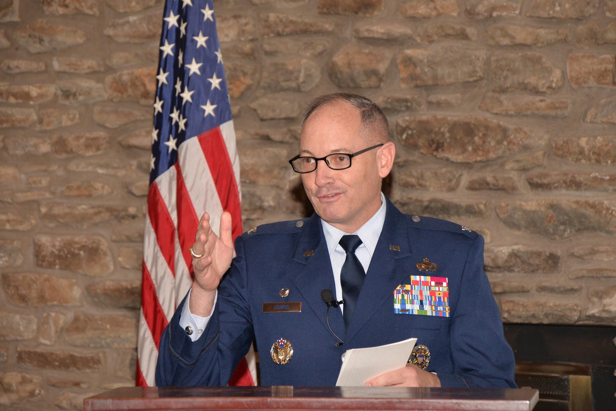 U.S. Col. Michael L. Downs, 17th Training Wing Commander, speaks during the Chamber of Commerce luncheon at the Bentwood Country Club in San Angelo, Texas, Mar. 9, 2016. The luncheon was held to support businesses in the local area. (U.S. Air Force photo by Airman 1st Class Randall A. S. Moose/Released)