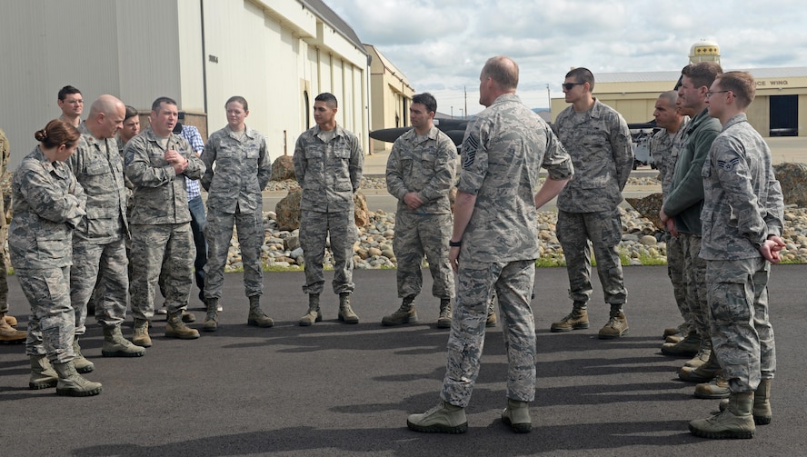 Chief Master Sgt. of the Air Force, James Cody, meets with Airmen from the 9th Maintenance Group March 8, 2016, at Beale Air Force Base, California. Cody took the opportunity to answer questions from Airmen and to learn about the individuals who are serving alongside with him. (U.S. Air Force photos by Senior Airman Ramon A. Adelan)