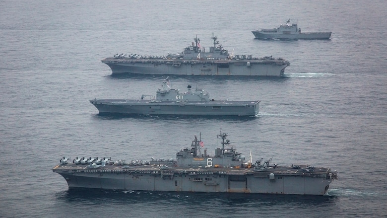 U.S. ships from the Boxer and Bonhomme Richard Amphibious Ready Groups sail with the Dokdo Amphibious Ready Group from the Republic of Korea during Ssang Yong 2016, at sea, March 8, 2016. The U.S. Navy and Marine Corps team are committed to the ROK-U.S. Alliance and conduct exercises regularly to ensure interoperability and maintain strong working relationships to support the sovereignty of the ROK.  Ssang Yong familiarizes American armed forces with the Korean Peninsula and builds upon the strong preexisting relationship between the two militaries. 