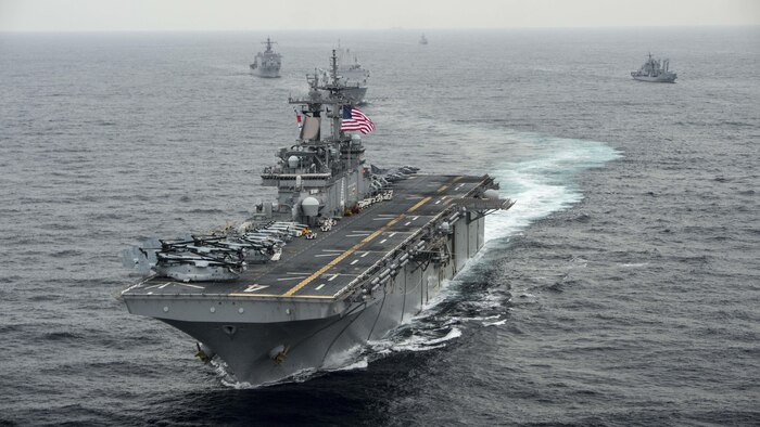 Amphibious assault ship USS Boxer transits information during photographic exercise as a part of Exercise Ssang Yong 2016 in the East Sea March 8, 2016. Boxer is the flagship of the Boxer Amphibious Ready Group and is participating in exercise Ssang Yong 16. Ssang Yong 16 is a biennial combined amphibious exercise conducted by forward-deployed U.S. forces with the Republic of Korea Navy and Marine Corps, Australian Army and Royal New Zealand Army Forces in order to strengthen our interoperability and working relationships across a wide range of military operations - from disaster relief to complex expeditionary operations. 