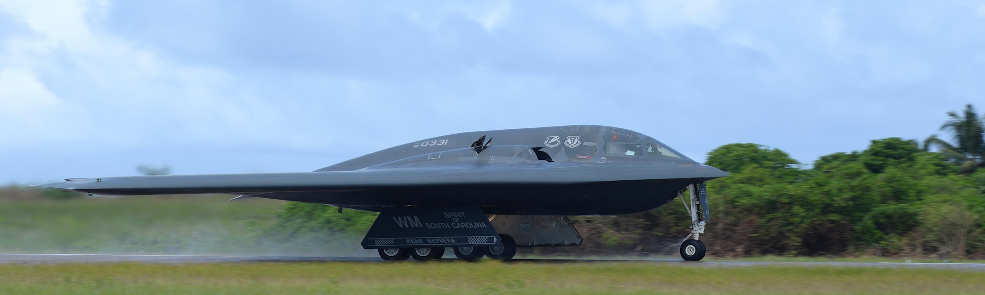 A B-2 Spirit from Whiteman Air Force Base, Mo., takes off from an undisclosed location in the U.S. Pacific Command area of operations March 10, 2016. Bomber crews routinely deploy to maintain a high state of readiness and crew proficiency while integrating capabilities with key regional partners. (U.S. Air Force photo by Senior Airman Joel Pfiester/Released)