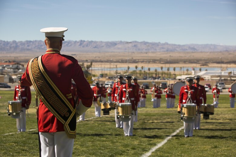 The U.S. Marine Corps Drum and Bugle Corps, also known as "The Commandant's Own," performs during a Battle Color Ceremony at Lance Cpl. Torrey L. Gray Field March 9, 2016. (Official Marine Corps photo by Lance Cpl. Levi Schultz/Released)