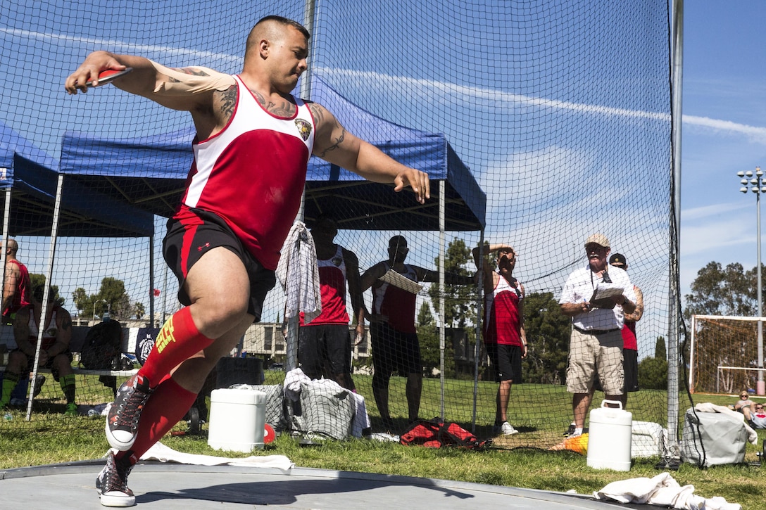 Marine Corps Sgt. Jacob Baumann prepares to toss a discus at the 2016 Marine Corps Trials on Marine Corps Base Camp Pendleton, Calif., March 9, 2016. Wounded, ill, and injured Marines and veterans compete in a variety of events in an effort to participate in the Department of Defense Warrior Games 2016 in June. Marine Corps photo by Lance Cpl. Devan K. Gowans