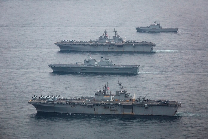 WATERS EAST OF KOREA (March 8, 2016) - U.S. ships from the Boxer and Bonhomme Richard Amphibious Ready Groups are underway with the Dokdo Amphibious Ready Group from the Republic of Korea during Ssang Yong 2016. The U.S. Navy and Marine Corps team are committed to the ROK-U.S. Alliance and conduct exercises regularly to ensure interoperability and maintain strong working relationships to support the sovereignty of the Republic of Korea. Ssang Yong familiarizes American armed forces with the Korean peninsula and builds upon the strong preexisting relationship between the two militaries. 