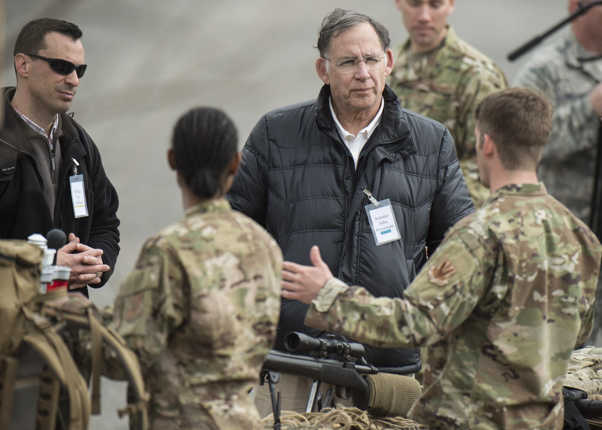 John Boozman, Arkansas senator, is briefed by 820th Combat Operations Squadron personnel on their mission capabilities during the East Coast Airpower Demonstration, at Moody Air Force Base, Ga., March 4, 2015. During the visit, congressional delegates viewed multiple aircraft perform a simulated combat search and rescue and close air support operation. (U.S. Air Force photo by Staff Sgt. Brian J. Valencia/Released)
